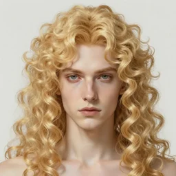 the pale blond androgynous male god of the sun, highly detailed, very very very curly golden blond hair, baroque curls, curtain bangs, central parted fringe, extremely luscious curly blond hair, very very very pale white skin, digital painting, artstation, concept art, soft light, sharp focus, illustration