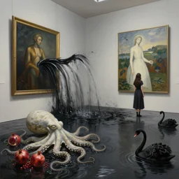 painting of a flooded art gallery and a tall emo girl, a waterfall of black liquid coming from a painting and flooding the gallery, stone sculpture of an octopus, pomegranates, octopus, zen, black swans, berries, wide panoramic view, surrealist, by magritte and monet