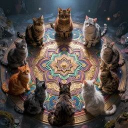 A mandala of cats, hyper detailed, psychedelic