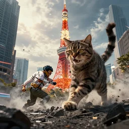cat attacking Tokyo, disaster movie poster, masterpiece, masterwork, cgstudio