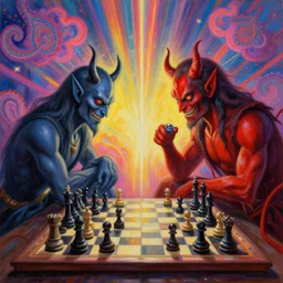 [ style ] [ sharp details ] [ gorgeous oil painting ] [ palate ] [ gothic colors ] playing chess against the devil 👹, checkmate the devil, vibrant paisley neon clouds, radiant light rays, symmetrical details, sharp focus,, hyper realistic, photorealistic painting, award winning painting, volumetric lighting, artstation,