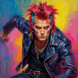 apocalyptic scifi orcish biker character, dynamic pose, psychedelic vibrant colors, punk rock fashion, oil painting by michael whelan art, perfect face, sharp focus, detailed eyes, realistic, leather jacket, 8 0 s hairstyle, 8 k