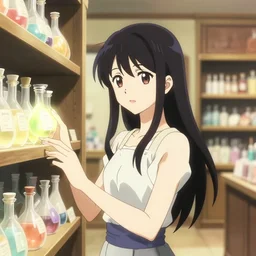 lomography, anime, portrait of a young woman in a alchemist's potion shop interior shopping, glowing, haruhiko mikimoto, hisashi eguchi, lodoss, dynamic pose and perspective, dramatic lighting, detailed facial features, rounded eyes, sharpened image, yoshinari yoh