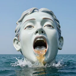 a massive porcelain sculpture of a surreal distorted human face vomiting jelly from the mouth on the ocean water, in the style of johnson tsang, funny sculpture, lucid dream series, cinematic, hyper - realistic, very detailed, realistic water splashes, ray tracing, 8 k resolution, long - shot, sharp focus, low angle, 8 5 mm photograph, wide lens