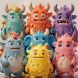 portrait painting of a group of mythical monsters and beasts in a squishy style