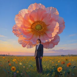 portrait, giant flower head, girl in suit standing in a field of flowers, surreal photography, sunrise, blue sky, dramatic light, impressionist painting, digital painting, artstation, simon stalenhag