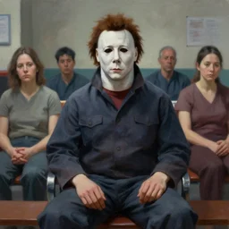 dynamic portrait painting of Michael Myers sitting in the waiting room of an optometrist amongst other normal patients, sharp focus, face focused, trending on ArtStation, masterpiece, by Greg Rutkowski, by Ross Tran, by Fenghua Zhong, octane, soft render, oil on canvas, moody lighting, high contrast, cinematic, professional environmental concept art