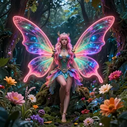 cyberpunk fairy princess, galaxy wings, woodland grove, neon wings beautiful colorful pretty artistic 4 k artstation trending dramatic lighting realistic floral garden blooming flowers