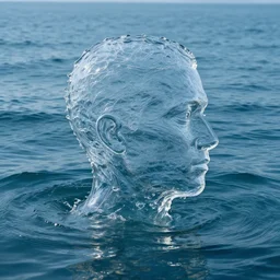 water artwork manipulation in the shape of a human head, on the ocean water, ray tracing, realistic water sharp focus, long shot, 8 k resolution, cinematic, surreal water art