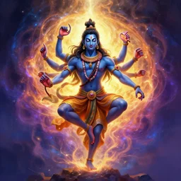 Epic wide angle portrait of Shiva generating the universe with his dance, digital painting, octane render, glowing colors