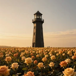a dark tower in the center of a field of roses. golden hour. photorealism. octane render. 4 k artstation trends