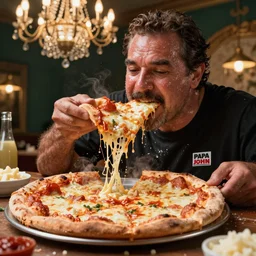 Papa John eating 50 pizzas a day, sweating out loads of pizza grease and disgusting oily greasy pizza grease sweaty Papa John, cheesy pizza everywhere all everything even the chandelier, cheese and sauce everywhere, high quality photograph, well lit, detailed, hyperrealistic, hdr 4k, 8k, DSLR, 55mm