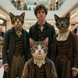sharp, highly detailed, film from a 2 0 1 9 sci fi 8 k movie, a family of four humans who have cat like heads from an alternate 1 8 6 0 travel in time to 2 0 1 9, suddenly appearing in a shopping mall, looking confused, family wearing 1 8 6 0 s clothes, atmospheric lighting, in focus, reflective eyes, 3 5 mm macro lens, live action, nice composition