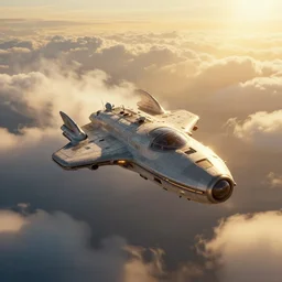 spaceship souring through clouds, high quality, ultra detail, top light, resources background, gold, sunny, clouds, cinematic