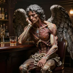deeply wistful grown male gray - haired angel with big wings sitting alone in the old bar with one glass of whiskey, 1 5 0 mm, anatomical, flesh, facial muscles, veins, arteries, full frame, microscopic, highly detailed, flesh ornate, elegant, high fashion, rim light, octane render in the style of h. r. giger and man ray