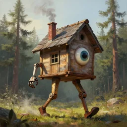 a walking magic wood house with two mechanical legs and one big eye, smoky chimney, rust, hyperrealistic, highly detailed, cinematic, single ray of sun, morning, pareidolia, dynamic composition, gravity falls style, beautiful, pine trees in the background, cgssociety, artstation, 8 k, oil painting, by rhads