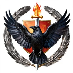 a crow, wings outstretched, within a circle of metal feathers surrounding, burning sword and sheild behind, full colour, family crest, coat of arms, very detailed, jonathan pointer, janie penny,