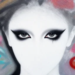 aesthetic symmetric eyes, heavy goth makeup, flat color, minimal, large spray graffiti on a wall by famous london graffiti artist