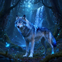 humanoid wolf in an enchanted forest with a blue hue and blue fireflie and a waterfall in the distance that magically glows blue, insanely detailed