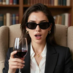 ultra high resolution close - up of a young business woman sitting in armchair in home library. 2 0 years old. camera is right in front of her. very symmetric face. she has serious expression. she is excited and sweating. sh is wearing make - up, expensive jewellery and sunglasses. she is holding a glass of red wine in her hand.