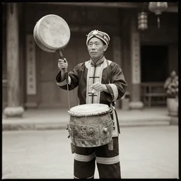 nanning, guangxi a zhuangzu medicine man or shaman in ceremonial dress, holding a dong son bronze drum. photograph, ca. 1 9 2 0