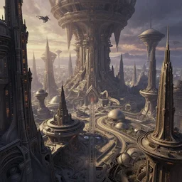 alien supercity, dense hypermaximalist metropolis, intricate, gothic-futurist architecture, Star Wars architecture, bizarre and imposing unusual megastructures, vanishing point perspective, domes, drone speedways, twilight, style of Adolf Schaller