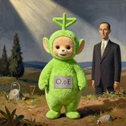 a surrealist painting of the green teletubbie, rene magritte