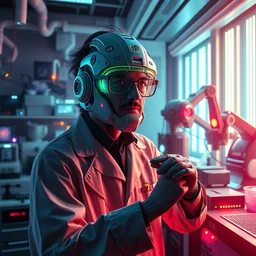 cinematic still, mad scientist in his futuristic lab, universal 3 d bioprinter, mri, cnc robot arms, vibrant, hyperdetailed scifi concept art, artstation, octane render hdr, by caravaggio, inspired by masamune shirow and ross tran and james gurney