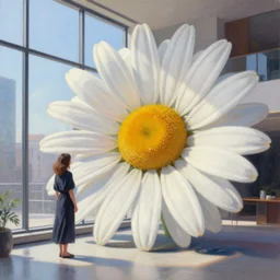 giant daisy flower head, a woman standing next to a modern window in luxury loft, surreal photography, sunlight, impressionist painting, digital painting, artstation, simon stalenhag