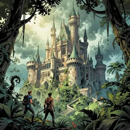 detailed comic book drawing of a fantasy castle in the jungle by randy vargas and simon bisley and jack kirby