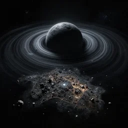 dark sci - fi game map of space debris revolving around black hole in black starless space, view from afar, dramatic light