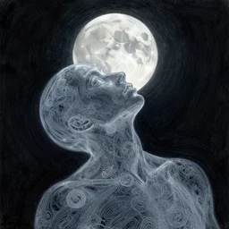 looking at the full moon, transparent soul leaving the body, intricate details, brushstrokes, art by loish, dave mckean