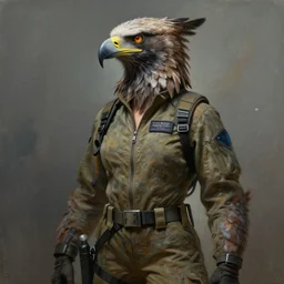 epic professional digital art of female human - eagle hybrid animal wearing air force jumpsuit, humanoid feathered head, eagle beak, painting, by artgerm, leesha hannigan, iris van herpen, artstation, cgsociety, wlop, epic, much wow, much detail, gorgeous, detailed, cinematic, masterpiece