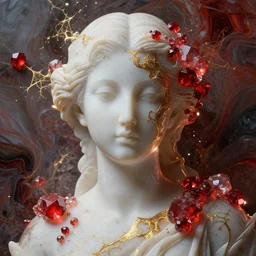 abstract highly detailed female sculpture portrait made of white marble and red crystals quartz, ethereal lights, fine details, artstation, film still, rim light, cinematic photoshooting, luxury, 8 k, intricate golden filigree fractal, octane render, hypperrealistic painting, abstract liquid acrylic art, painting by alex heywood, randy bishop, kidmograph