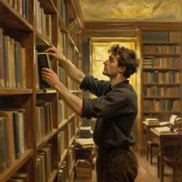 attractive librarian man pulling a book from a shelf, dusty library, golden hour painting by gaston bussiere, craig mullins, j. c. leyendecker, tom of finland