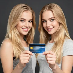 beautiful blonde twin sisters holding mastercard