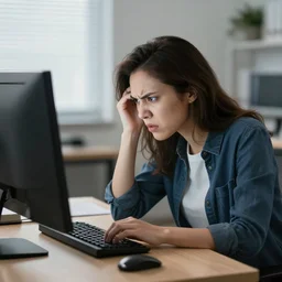 a frustrated developer getting angry on the computer for not doing what she wants it to do.