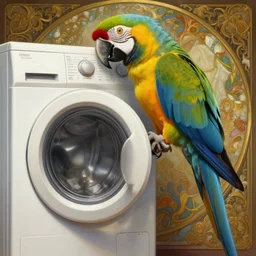 a beautiful illustration of a parrot lifting a washing machine with its claws, personified washing machine with parrot head, intricate, sharp focus, illustration, highly detailed, digital painting, concept art, matte, art by wlop and artgerm and greg rutkowski and alphonse mucha, masterpiece