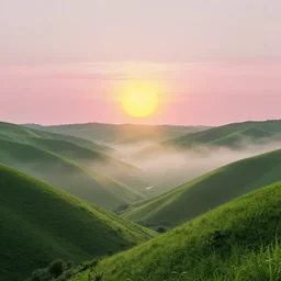lush green valley pink clouds backlit by yellow sun, nostalgic, calming, aesthetic, volumetric fog, godrays, high contrast, high contrast, high contrast, vibrant colors, vivid colors, high saturation, by Greg Rutkowski and Jesper Ejsing and Raymond Swanland and alena aenami, featured on artstation, wide angle, horizontal orientation