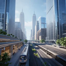 futuristic new york city with train station, highways and glass buildings, unreal engine 5, hyperdetailed, artstation, cgsociety, 8 k