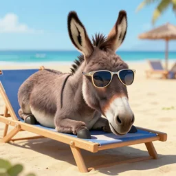 a donkey lying on a beach sunbed and wearing cool sunglasses, digital art, amazing detail