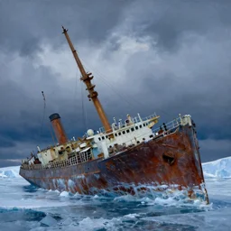 an imposing leaning tallship shipwreck covered in ice in the arctic, dramatic sky, dramatic light, painted by anders zorn and craig mullins
