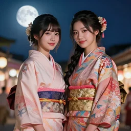 two beautiful alluring siberian girls wear fantasy kimono in festival | | sunny night, full moon, dreamlike art, realistic shaded, smile, good looking, hyper details, 4 k realistic, cryengine, realistic shaded lighting poster by artgerm, ross tran, fuji choko, 8 k resolution, trending on artstation, luxury