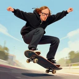 Stephen Hawking skateboarding in air, wearing a hoodie, digital art painting.