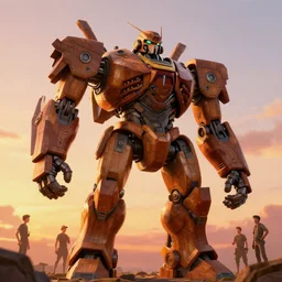 giant wooden mecha, cinematic lighting, sunset, octane render, 3 d pixar disney digital cgi rtx hdr painting, highly detailed, artstation cgsociety masterpiece, by syd mead, greg rutkowski, wlop, artger