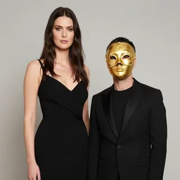 a tall woman and man wearing black evening wear. man wearing a full mask that looks like gilded gold by mary jane ansell