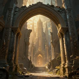 ruined stone archway into a magical city, beautiful, intricate, detailed, golden light, movie frame, 8 k