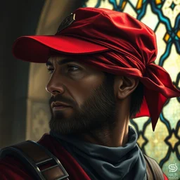 side - view portrait of the iorveth, scoia'tael leader, red cap, red bandana covering one eye, stained glass window, very masterful