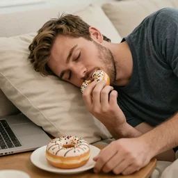 half asleep chris eating a donut