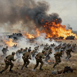 the normandy landings, d - day, 1 9 4 5, chaos, smoke, fire, soldiers charging in, highly detailed, wide shot, cinematic, ultra realistic, ray tracing, painting by jessica rossier and ivan shishkin